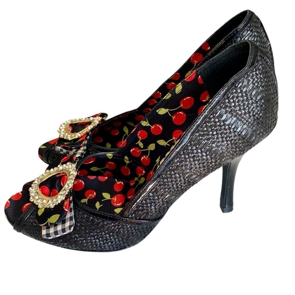 CHINESE LAUNDRY Heels Peep Toe Black Red Cherry Gold Tone & Crystals Women 9 - Picture 4 of 14